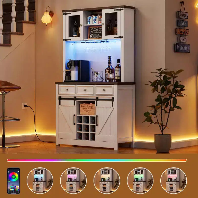 COZONY 72 Armoire de Bar à Café de Ferme avec Lumières LED, Buffet Moderne avec Portes Coulissantes et Rangement à Vin pour Cuisine, Salle à Manger