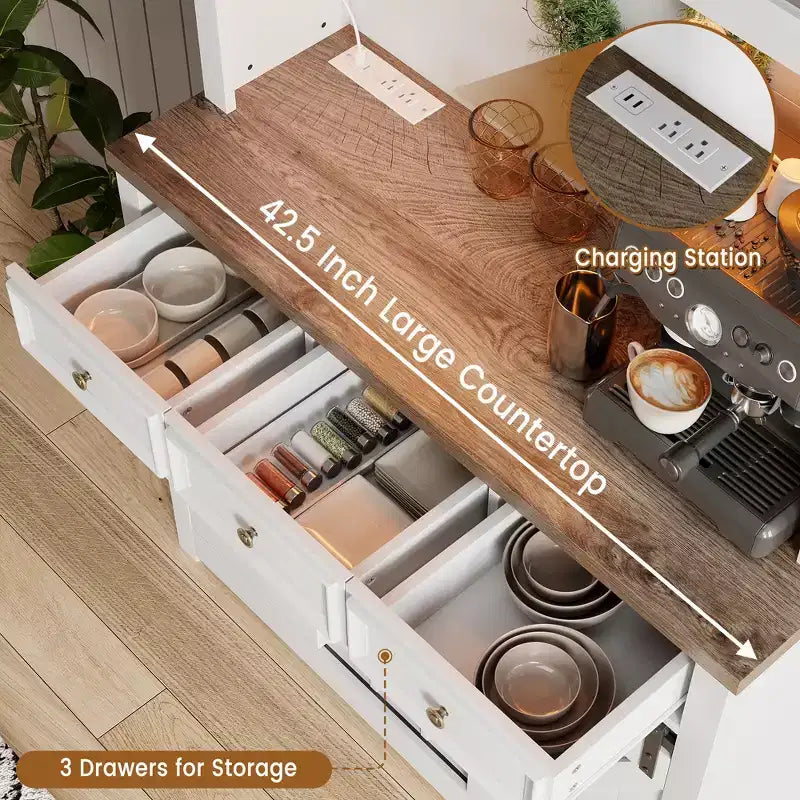 COZONY 72 Armoire de Bar à Café de Ferme avec Lumières LED, Buffet Moderne avec Portes Coulissantes et Rangement à Vin pour Cuisine, Salle à Manger