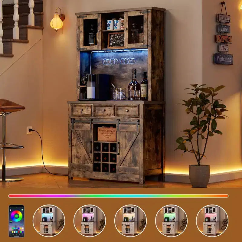 COZONY 72 Armoire de Bar à Café de Ferme avec Lumières LED, Buffet Moderne avec Portes Coulissantes et Rangement à Vin pour Cuisine, Salle à Manger