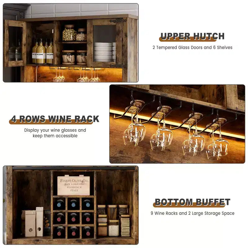 COZONY 72 Armoire de Bar à Café de Ferme avec Lumières LED, Buffet Moderne avec Portes Coulissantes et Rangement à Vin pour Cuisine, Salle à Manger