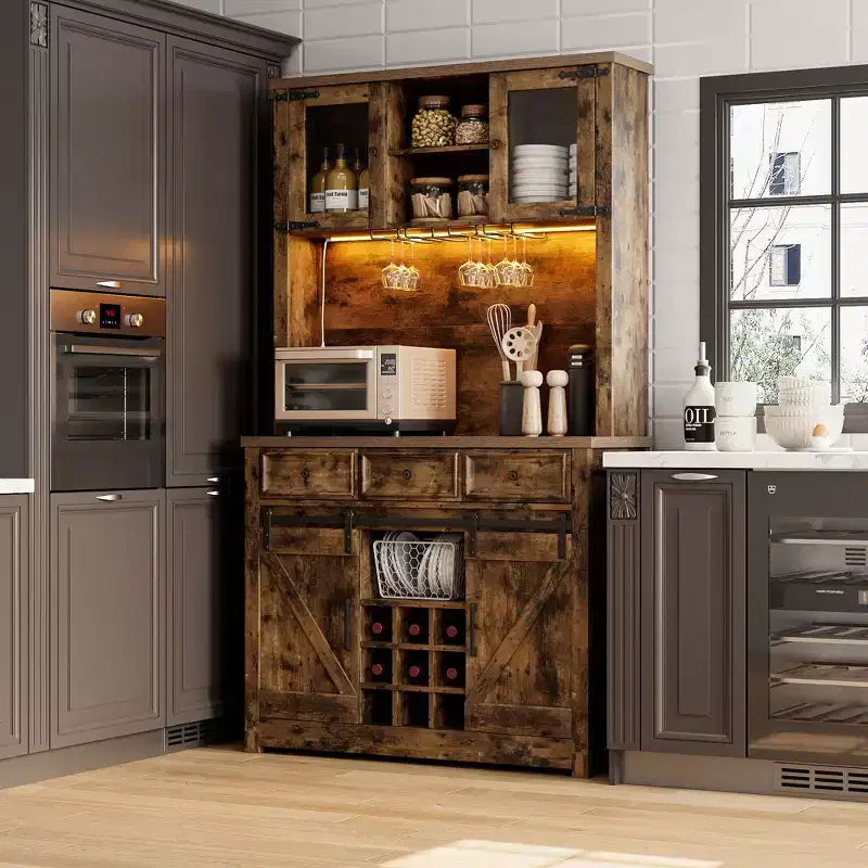 COZONY 72 Armoire de Bar à Café de Ferme avec Lumières LED, Buffet Moderne avec Portes Coulissantes et Rangement à Vin pour Cuisine, Salle à Manger