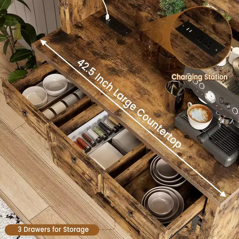 COZONY 72 Armoire de Bar à Café de Ferme avec Lumières LED, Buffet Moderne avec Portes Coulissantes et Rangement à Vin pour Cuisine, Salle à Manger