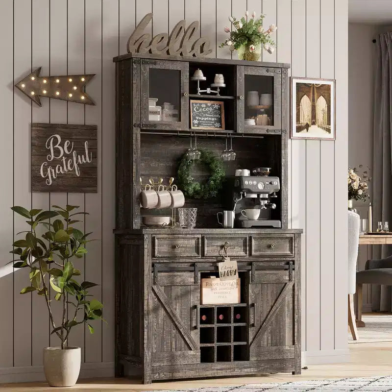 COZONY 72 Armoire de Bar à Café de Ferme avec Lumières LED, Buffet Moderne avec Portes Coulissantes et Rangement à Vin pour Cuisine, Salle à Manger