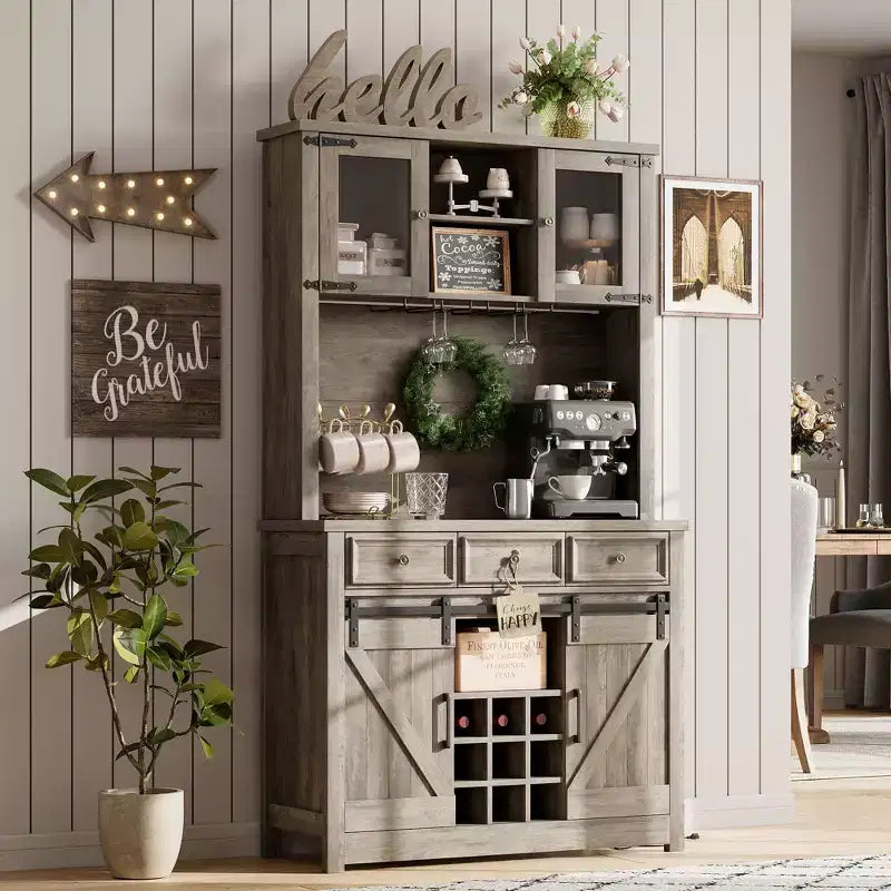 COZONY 72 Armoire de Bar à Café de Ferme avec Lumières LED, Buffet Moderne avec Portes Coulissantes et Rangement à Vin pour Cuisine, Salle à Manger