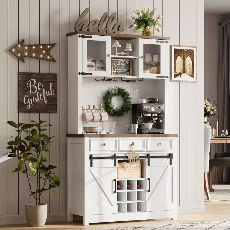 COZONY 72 Armoire de Bar à Café de Ferme avec Lumières LED, Buffet Moderne avec Portes Coulissantes et Rangement à Vin pour Cuisine, Salle à Manger