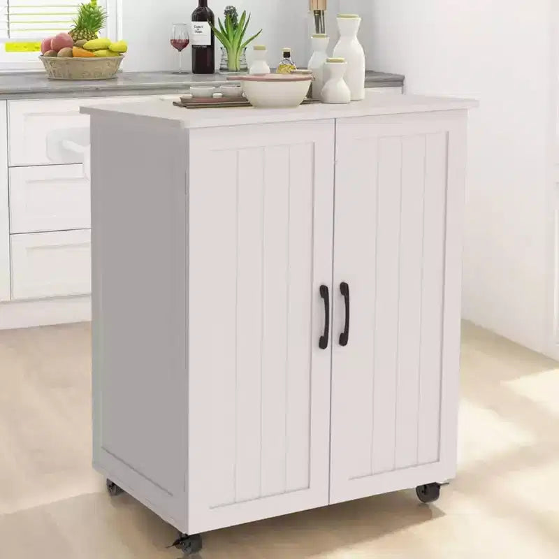 Petit îlot de cuisine Okak avec rangement, chariot de cuisine avec porte de grange et roulettes, îlot de cuisine roulant pour salle à manger, cuisine, salon, blanc