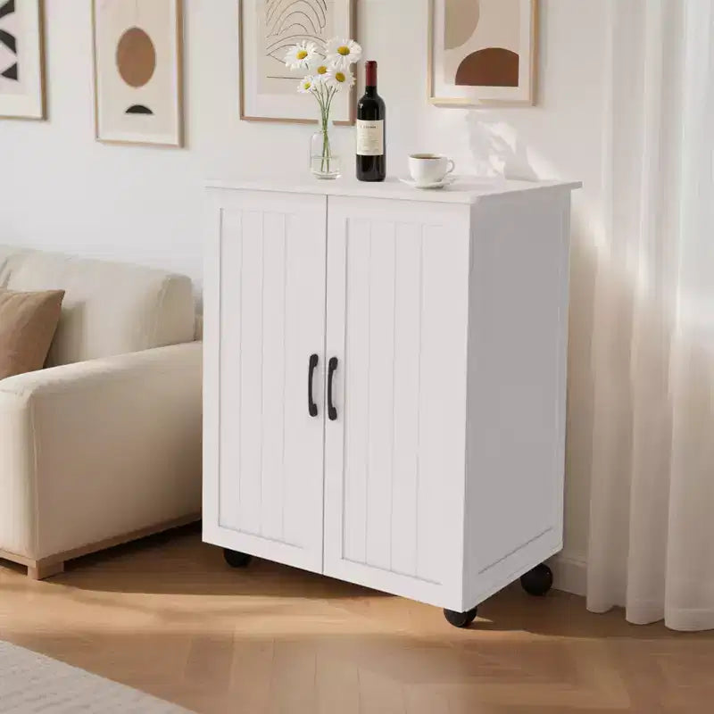 Petit îlot de cuisine Okak avec rangement, chariot de cuisine avec porte de grange et roulettes, îlot de cuisine roulant pour salle à manger, cuisine, salon, blanc