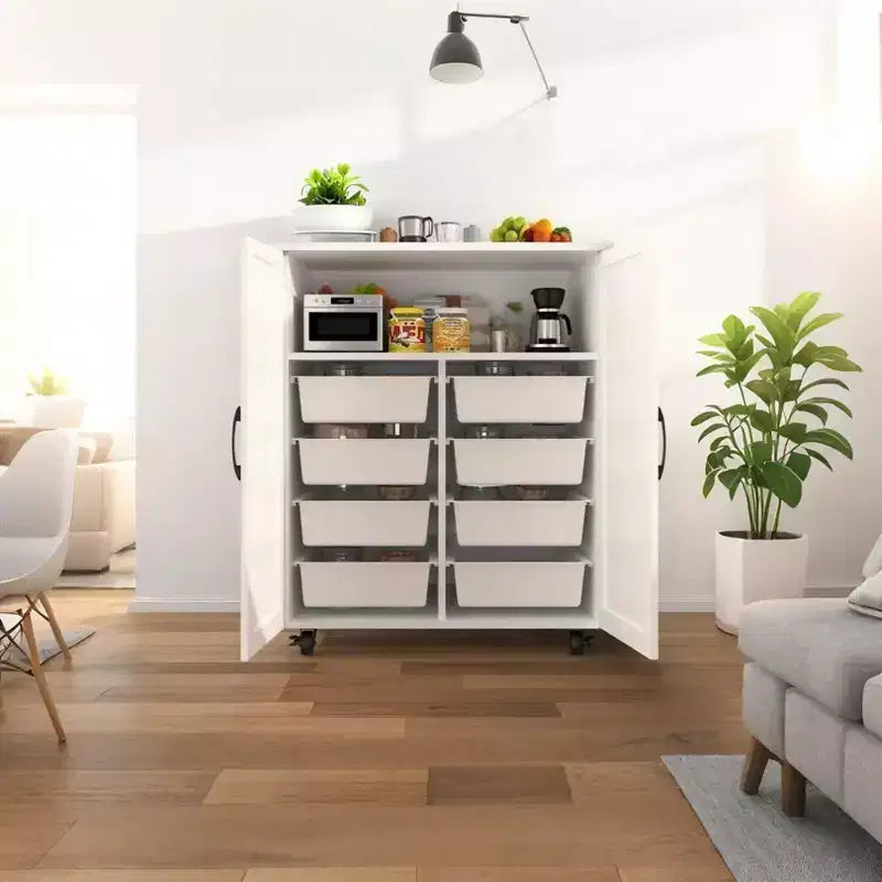Petit îlot de cuisine Okak avec rangement, chariot de cuisine avec porte de grange et roulettes, îlot de cuisine roulant pour salle à manger, cuisine, salon, blanc
