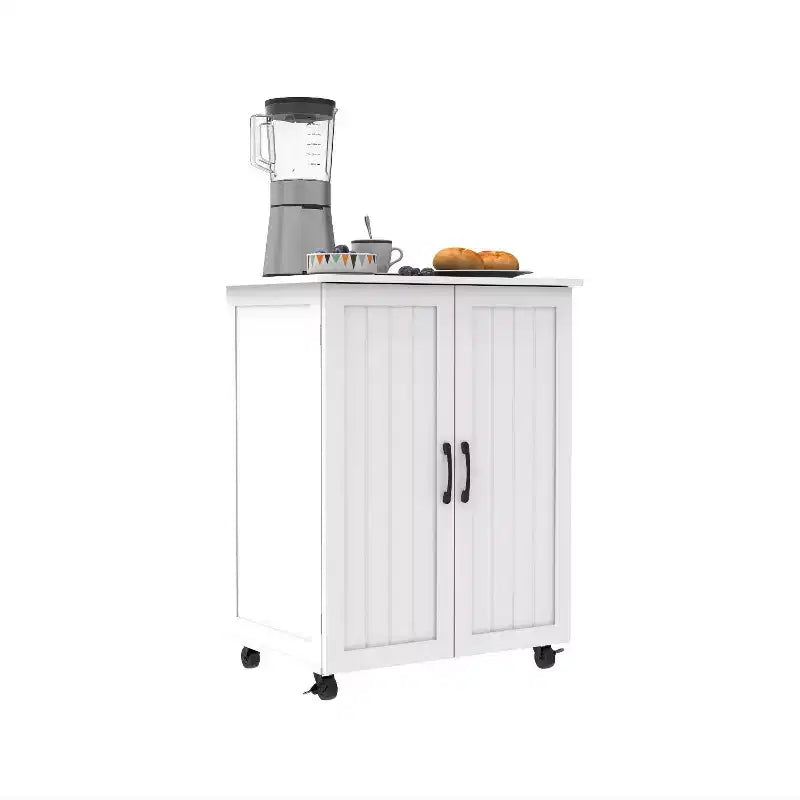Petit îlot de cuisine Okak avec rangement, chariot de cuisine avec porte de grange et roulettes, îlot de cuisine roulant pour salle à manger, cuisine, salon, blanc
