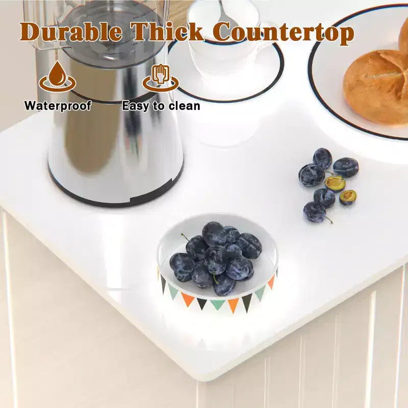 Petit îlot de cuisine Okak avec rangement, chariot de cuisine avec porte de grange et roulettes, îlot de cuisine roulant pour salle à manger, cuisine, salon, blanc