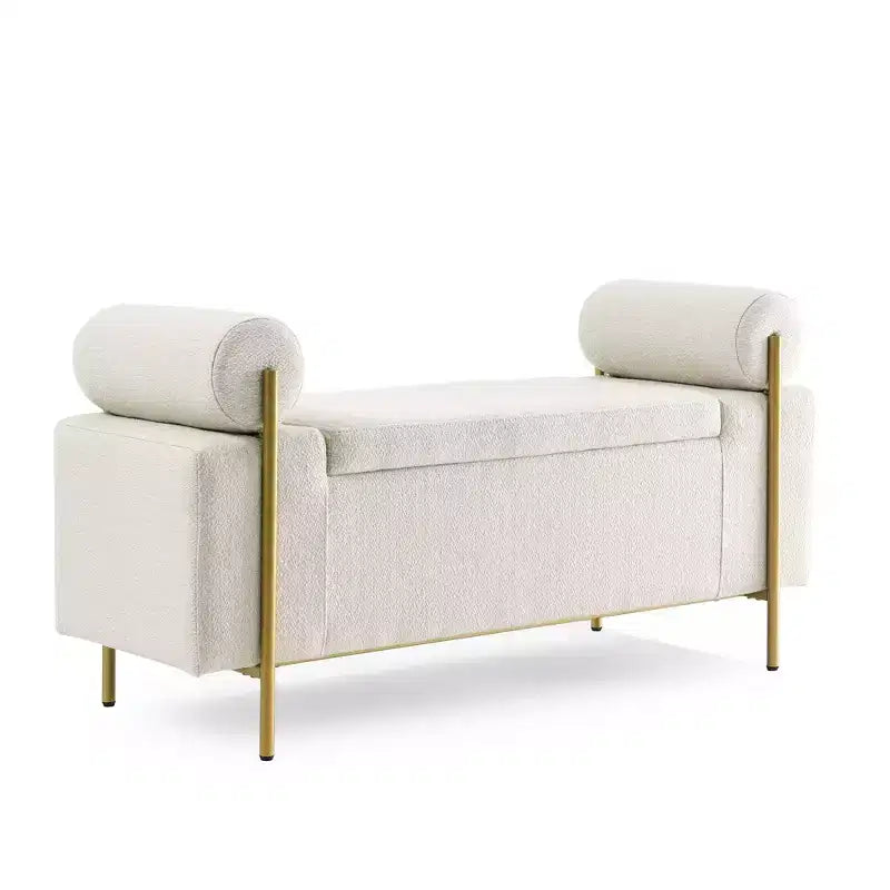 Banc de rangement capitonné élégant EHMKNP en lin avec accoudoirs cylindriques et pieds en fer