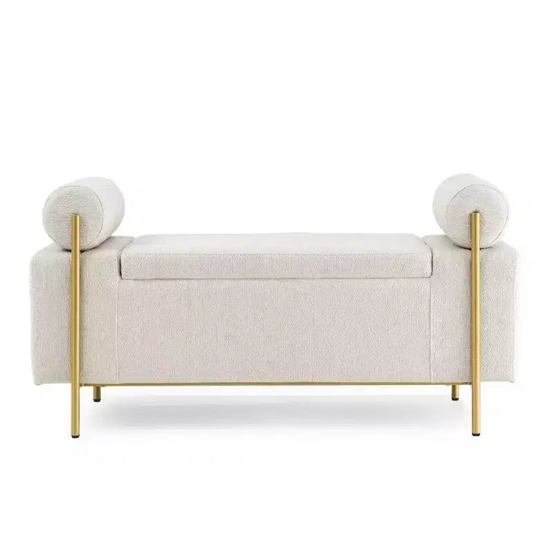 Banc de rangement capitonné élégant EHMKNP en lin avec accoudoirs cylindriques et pieds en fer