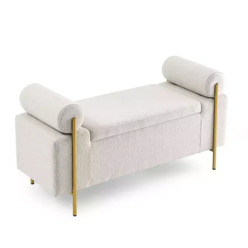 Banc de rangement capitonné élégant EHMKNP en lin avec accoudoirs cylindriques et pieds en fer