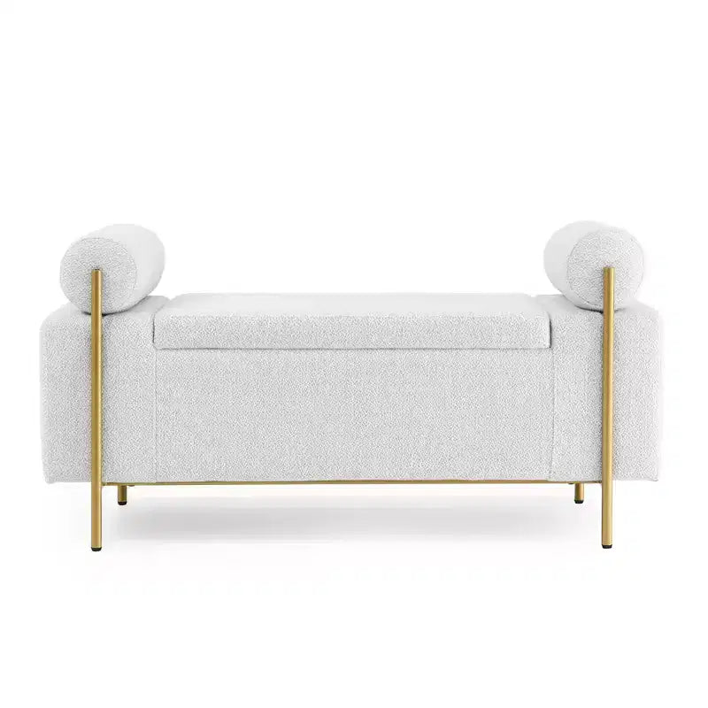 Banc de rangement capitonné élégant EHMKNP en lin avec accoudoirs cylindriques et pieds en fer