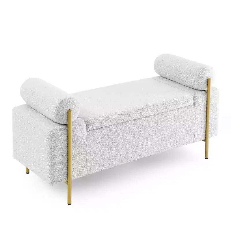 Banc de rangement capitonné élégant EHMKNP en lin avec accoudoirs cylindriques et pieds en fer