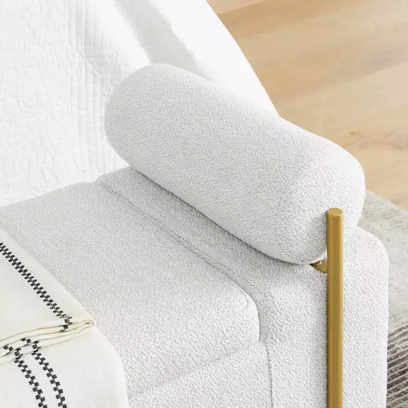 Banc de rangement capitonné élégant EHMKNP en lin avec accoudoirs cylindriques et pieds en fer