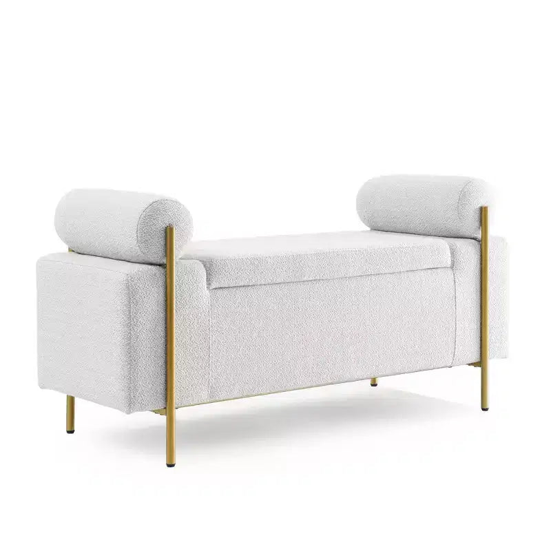 Banc de rangement capitonné élégant EHMKNP en lin avec accoudoirs cylindriques et pieds en fer