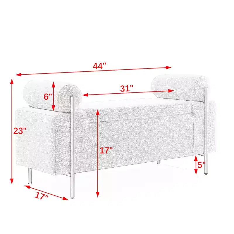 Banc de rangement capitonné élégant EHMKNP en lin avec accoudoirs cylindriques et pieds en fer