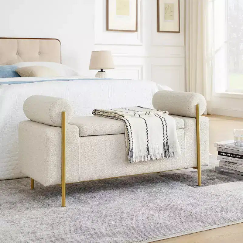 EHMKNP Elegant Upholstered Linen Storage Bench with Cylindrical Arms and Iron Legs