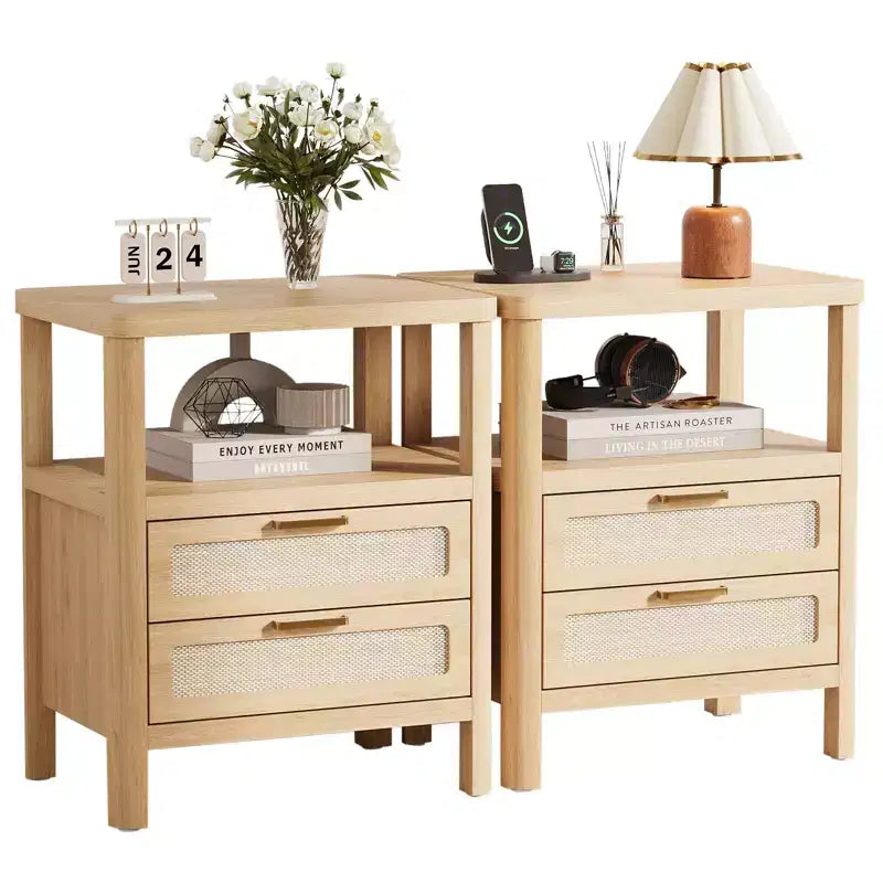 Set of 2 Light Oak Rattan Nightstands C Fluted Farmhouse 2-Tier Bedside Tables with Drawers, Open Shelf, Rounded Corners (Fully Assembled)