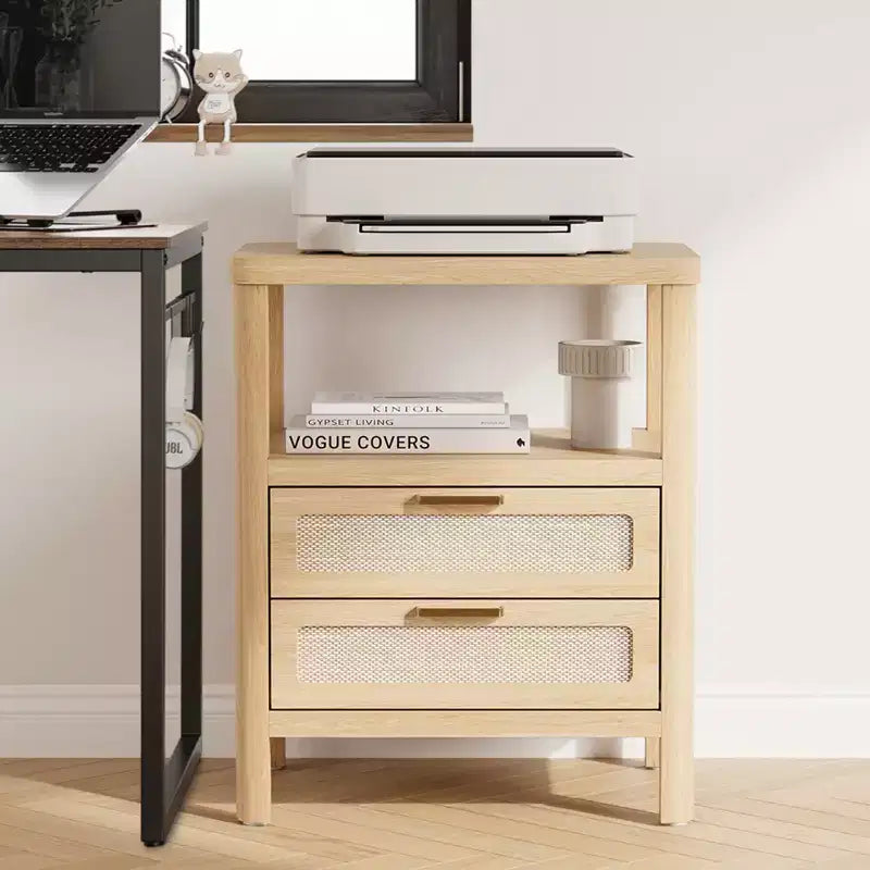 Ensemble de 2 tables de chevet en rotin de chêne clair avec 2 tiroirs, étagère ouverte et coins arrondis (entièrement assemblées)