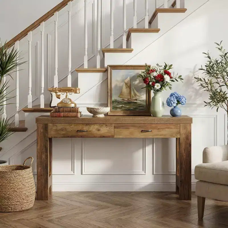 MAYEERTY 63-Inch Farmhouse Console Table, Entryway Table with H-Shaped Legs and 2 Drawers