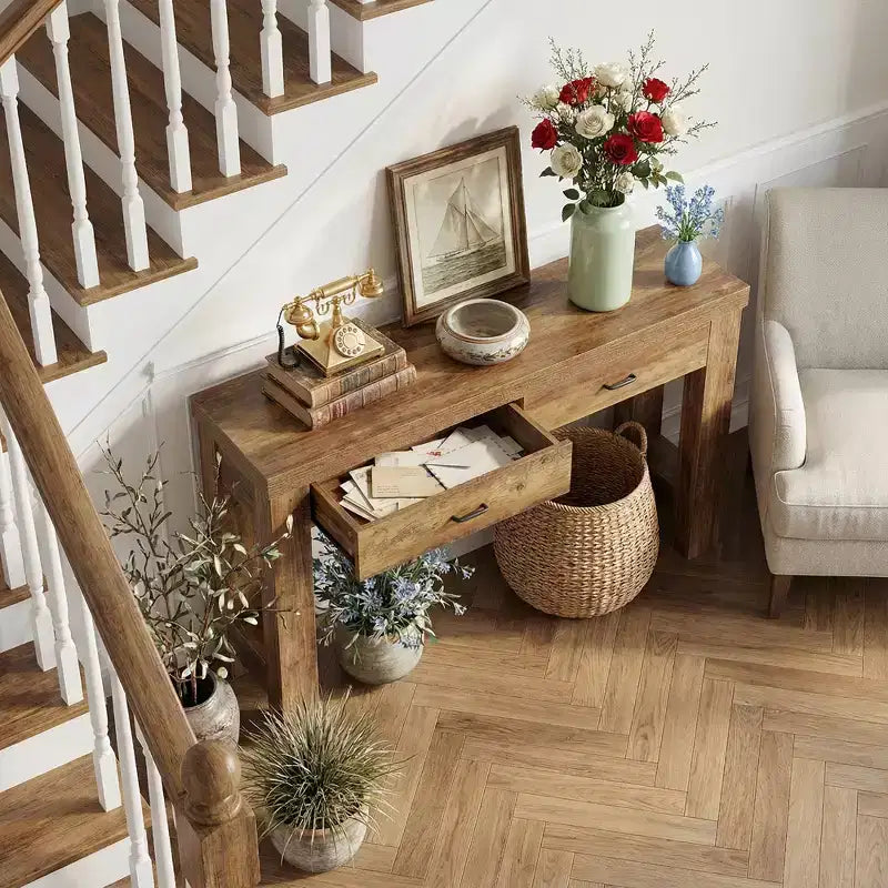 MAYEERTY Table console de ferme de 63 pouces, table d'entrée avec pieds en H et 2 tiroirs