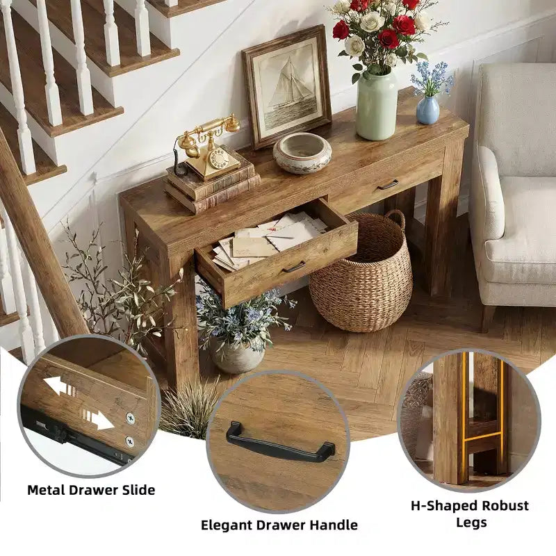 MAYEERTY Table console de ferme de 63 pouces, table d'entrée avec pieds en H et 2 tiroirs