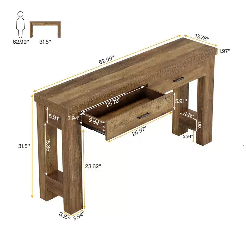 MAYEERTY Table console de ferme de 63 pouces, table d'entrée avec pieds en H et 2 tiroirs