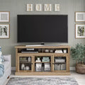 JVNOXK 62-inch Chicago TV Stand Accommodates TVs up to 65 inches Light brown wood grain finish Open shelving storage Natural color