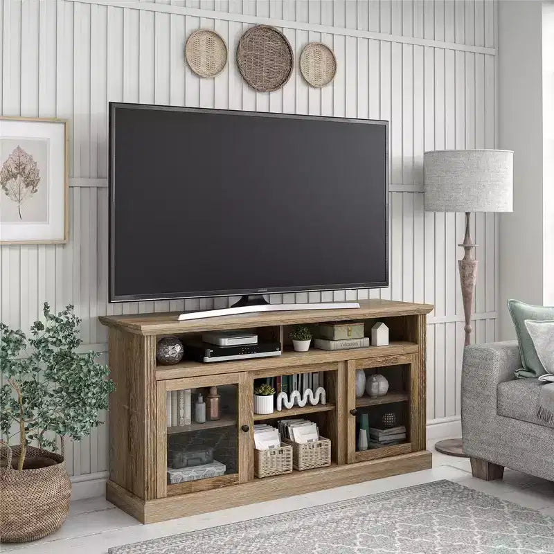 JVNOXK Meuble TV Chicago de 157 cm, pouvant accueillir des téléviseurs jusqu'à 65 pouces, avec finition aspect bois clair, rangement ouvert, couleur naturelle