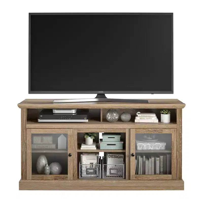 JVNOXK Meuble TV Chicago de 157 cm, pouvant accueillir des téléviseurs jusqu'à 65 pouces, avec finition aspect bois clair, rangement ouvert, couleur naturelle