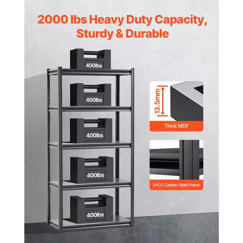 Étagères de Rangement VEVOR, 907 kg, Étagères de Garage à 5 Niveaux, Étagères Métalliques Réglables de 45,7 P x 91,4 L x 182,9 H pour Étagères de Garage, Étagère Utilitaire, Noir