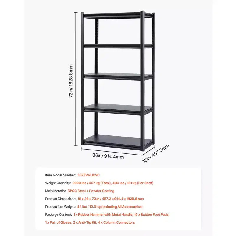 Étagères de Rangement VEVOR, 907 kg, Étagères de Garage à 5 Niveaux, Étagères Métalliques Réglables de 45,7 P x 91,4 L x 182,9 H pour Étagères de Garage, Étagère Utilitaire, Noir