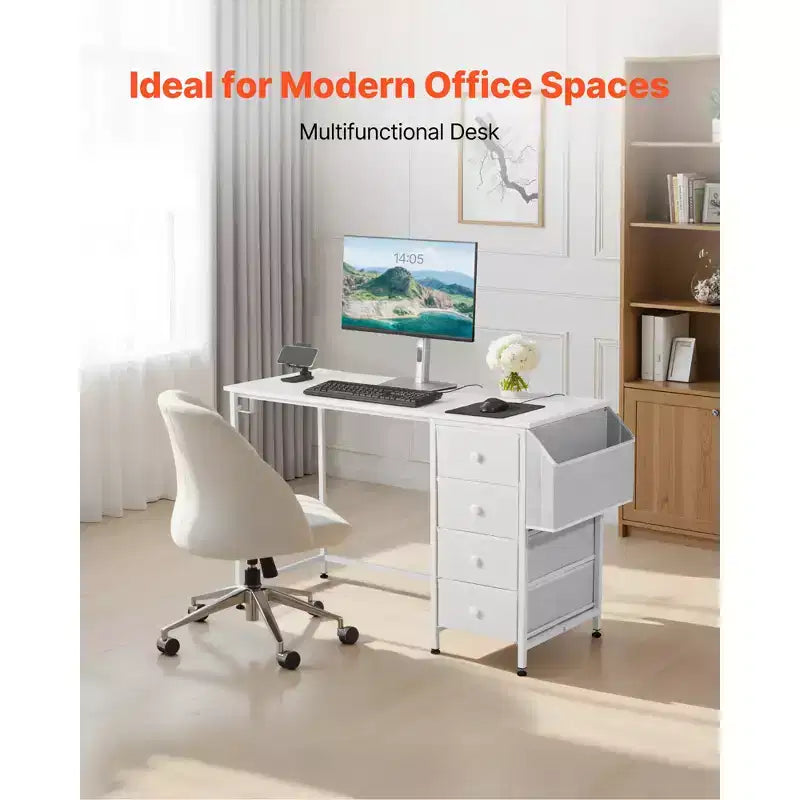Bureau d'ordinateur VEVOR avec tiroirs en tissu, bureau d'étude et d'écriture réversible de 119,4 cm pour bureau à domicile moderne ou chambre à coucher, blanc