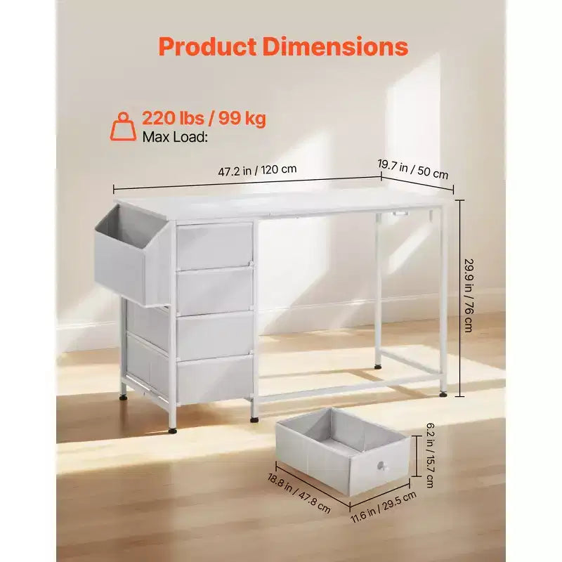 Bureau d'ordinateur VEVOR avec tiroirs en tissu, bureau d'étude et d'écriture réversible de 119,4 cm pour bureau à domicile moderne ou chambre à coucher, blanc