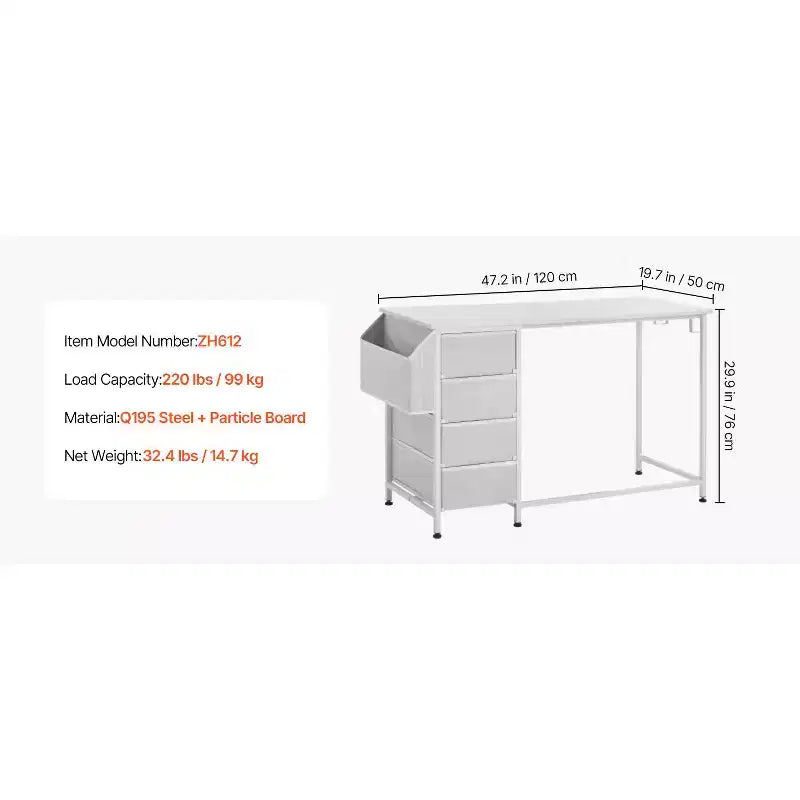 Bureau d'ordinateur VEVOR avec tiroirs en tissu, bureau d'étude et d'écriture réversible de 119,4 cm pour bureau à domicile moderne ou chambre à coucher, blanc