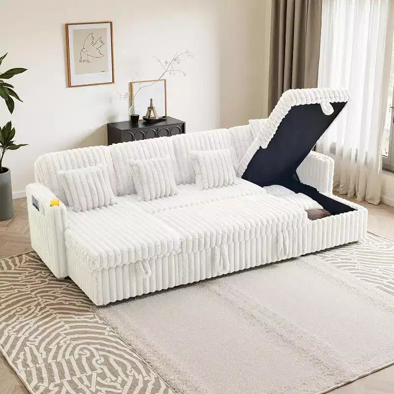 MooxvMoo 124 U-Shaped Sleeper Sofa with Storage,Oversized Convertible Couch Featuring Pull-Out Bed,Adjustable Backrest,USB Ports & Cup Holders,White