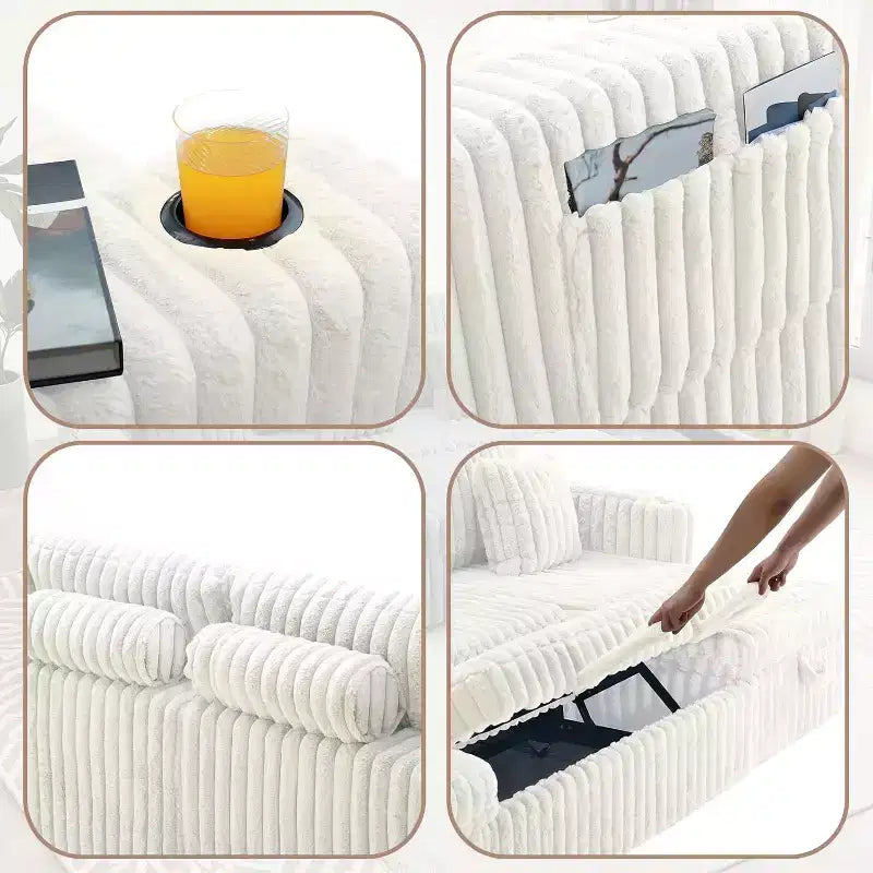 MooxvMoo 124 Canapé-lit d'angle en U avec rangement, grand canapé convertible avec lit gigogne, dossier réglable, ports USB et porte-gobelets, blanc