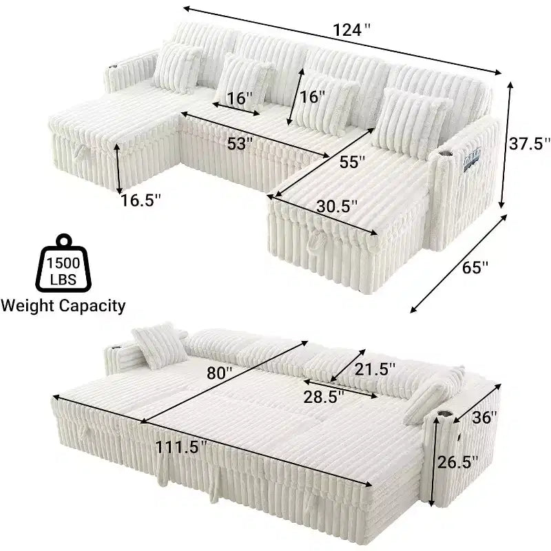 MooxvMoo 124 Canapé-lit d'angle en U avec rangement, grand canapé convertible avec lit gigogne, dossier réglable, ports USB et porte-gobelets, blanc