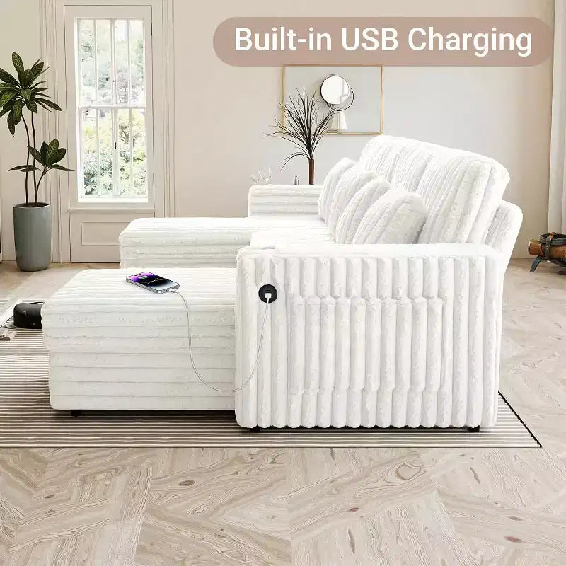 MooxvMoo 124 Canapé-lit d'angle en U avec rangement, grand canapé convertible avec lit gigogne, dossier réglable, ports USB et porte-gobelets, blanc