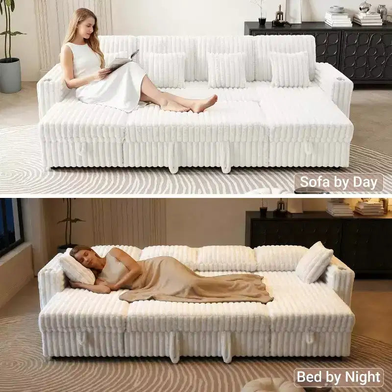 MooxvMoo 124 Canapé-lit d'angle en U avec rangement, grand canapé convertible avec lit gigogne, dossier réglable, ports USB et porte-gobelets, blanc