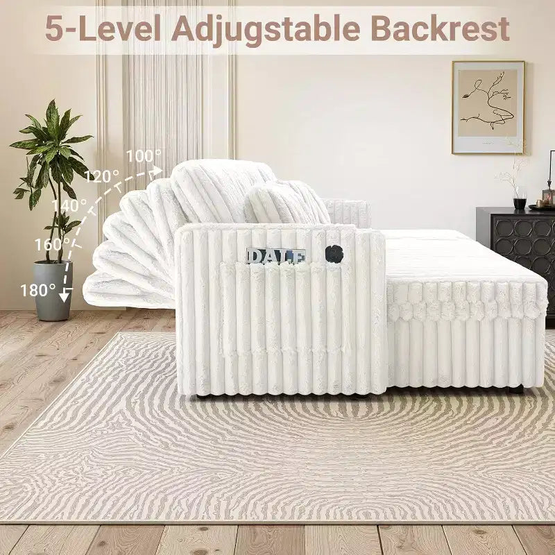 MooxvMoo 124 Canapé-lit d'angle en U avec rangement, grand canapé convertible avec lit gigogne, dossier réglable, ports USB et porte-gobelets, blanc