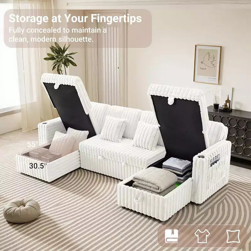 MooxvMoo 124 Canapé-lit d'angle en U avec rangement, grand canapé convertible avec lit gigogne, dossier réglable, ports USB et porte-gobelets, blanc