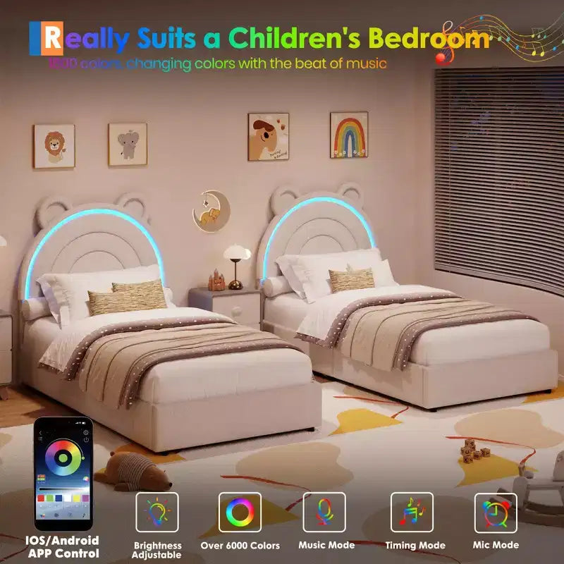 Cadre de lit double avec 2 tiroirs de rangement, lit plateforme rembourré en velours avec tête de lit arc-en-ciel pour enfants/filles