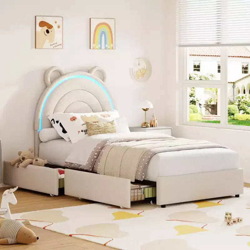 Cadre de lit double avec 2 tiroirs de rangement, lit plateforme rembourré en velours avec tête de lit arc-en-ciel pour enfants/filles