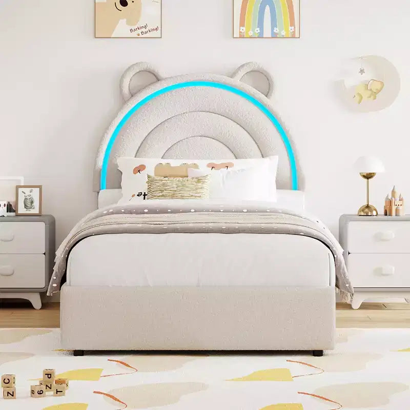 Cadre de lit double avec 2 tiroirs de rangement, lit plateforme rembourré en velours avec tête de lit arc-en-ciel pour enfants/filles