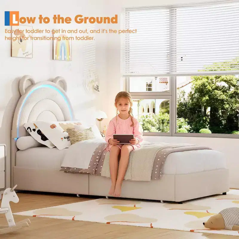 Cadre de lit double avec 2 tiroirs de rangement, lit plateforme rembourré en velours avec tête de lit arc-en-ciel pour enfants/filles