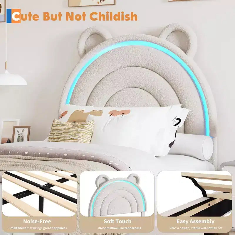 Cadre de lit double avec 2 tiroirs de rangement, lit plateforme rembourré en velours avec tête de lit arc-en-ciel pour enfants/filles