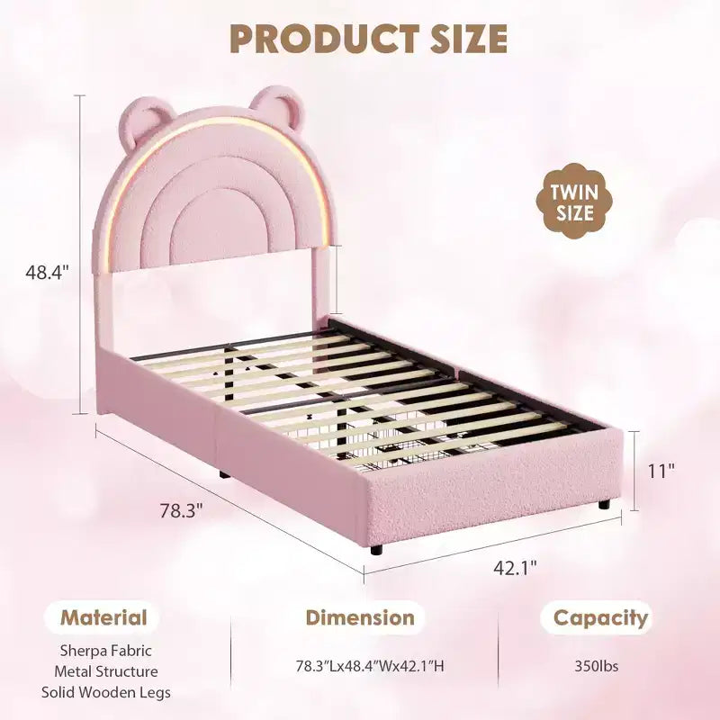 Cadre de lit double avec 2 tiroirs de rangement, lit plateforme rembourré en velours avec tête de lit arc-en-ciel pour enfants/filles